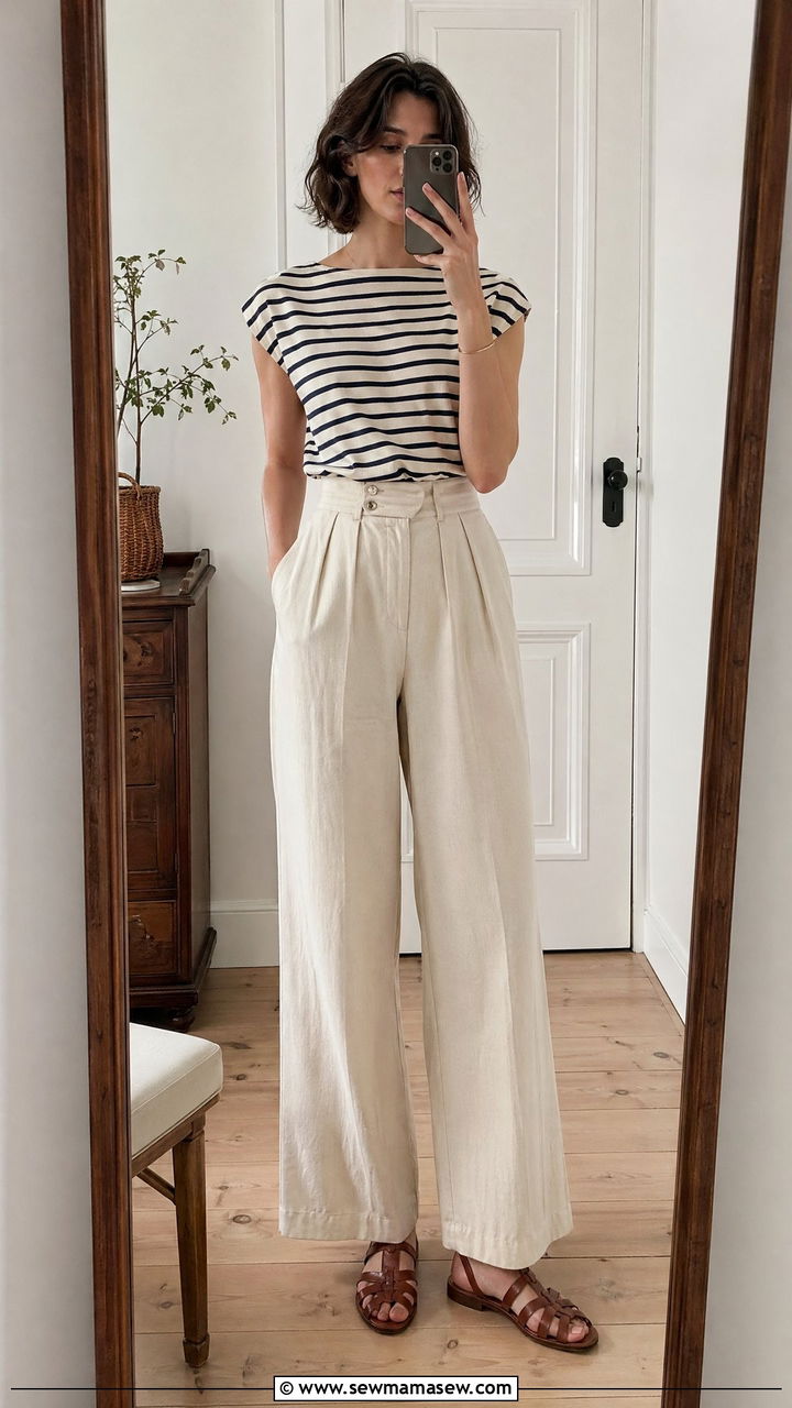 1930s High Waisted Wide Leg Trousers With Striped Top - 40 Vintage summer outfits