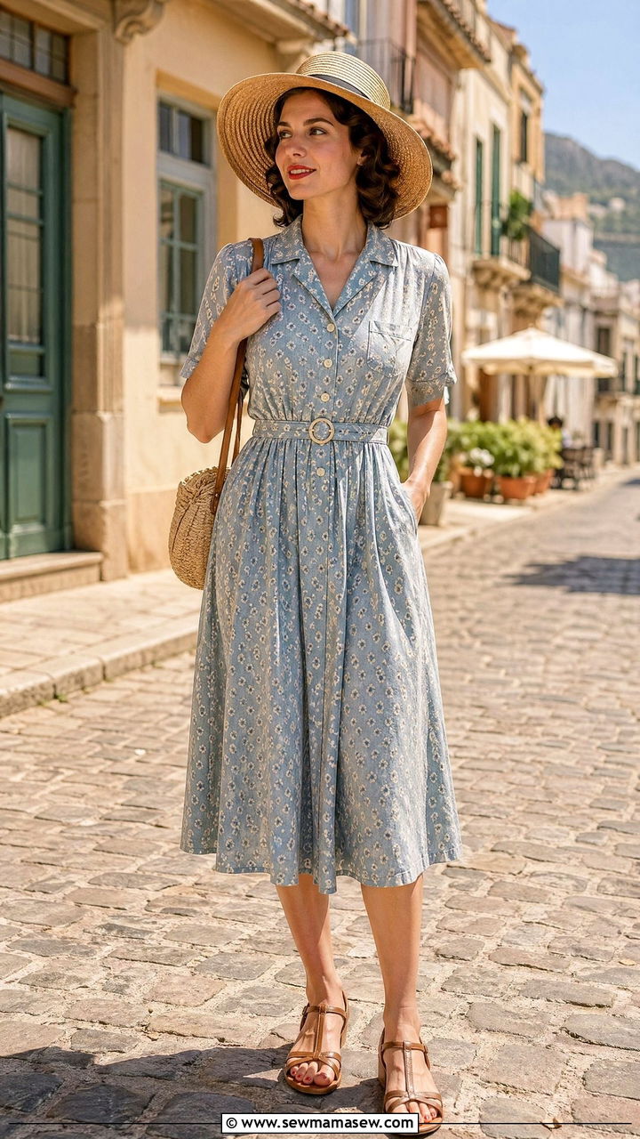 1930s Shirtdress With Leather Sandals And Sun Hat - 40 Vintage summer outfits