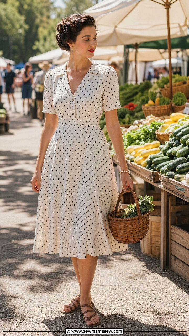 1940s Polka Dot Tea Dress With Basket Bag - 40 Vintage summer outfits