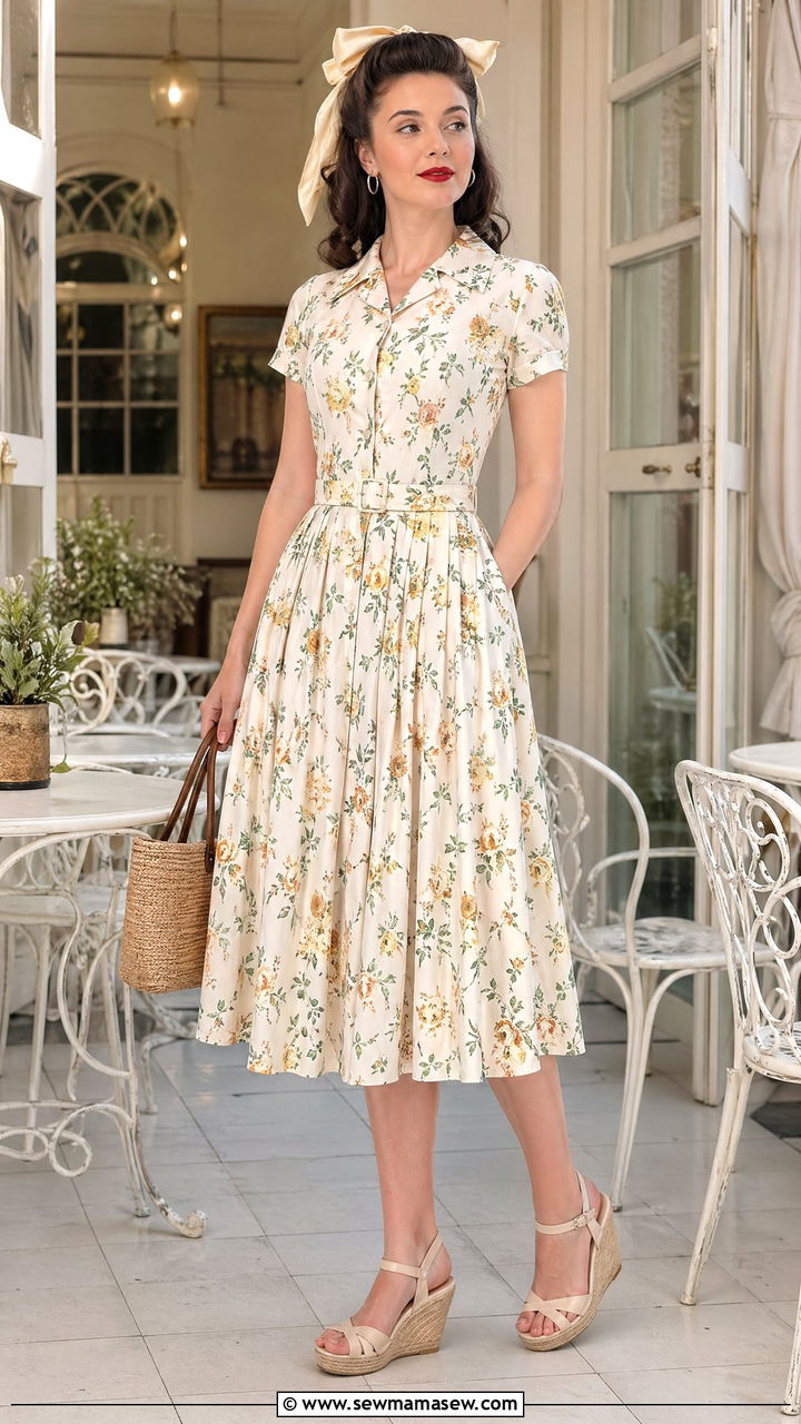 1940s Shirtwaist Dress With Wedge Sandals - 40 Vintage summer outfits