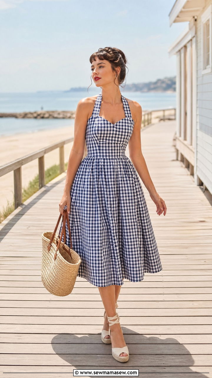 1950s Gingham Halter Dress With Straw Tote - 40 Vintage summer outfits