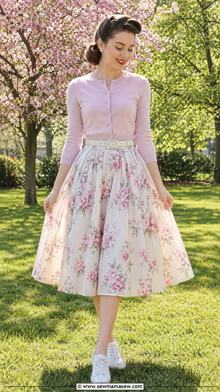 1950s cardigan and full skirt spring outfit - 35 Vintage spring outfits