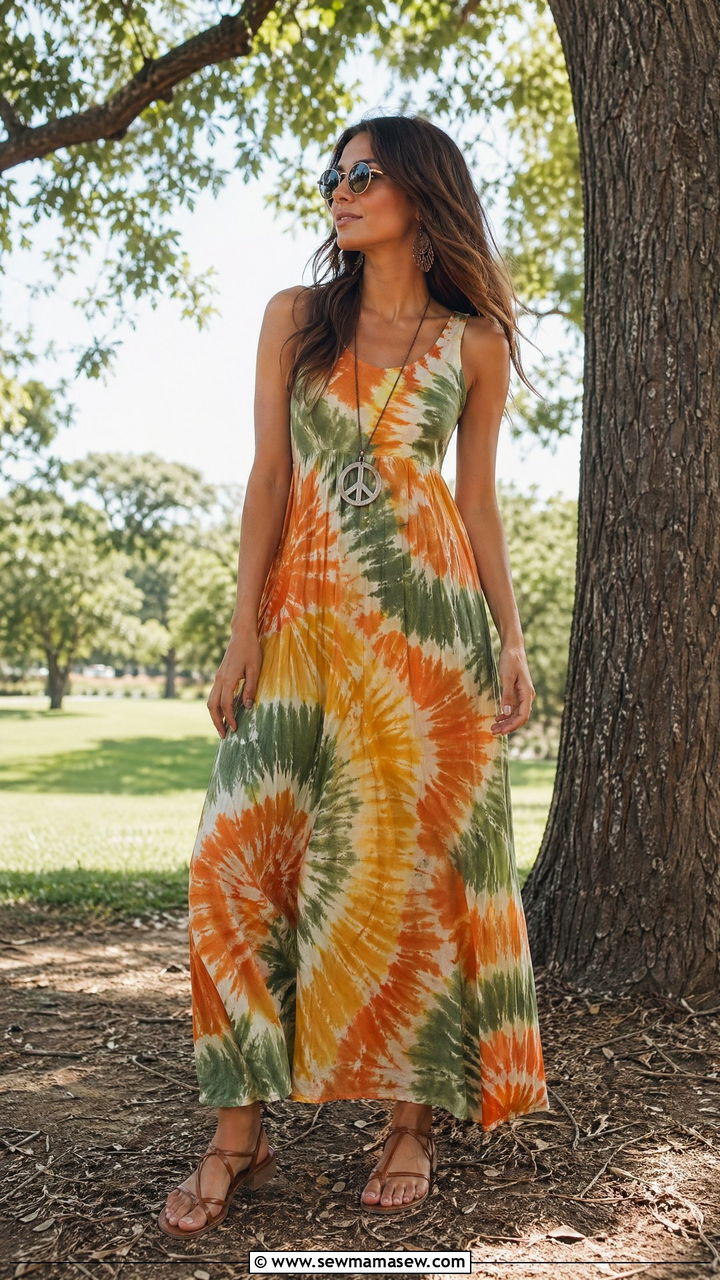 1960s Tie Dye Maxi Dress With Peace Sign Accessories - 40 Vintage summer outfits