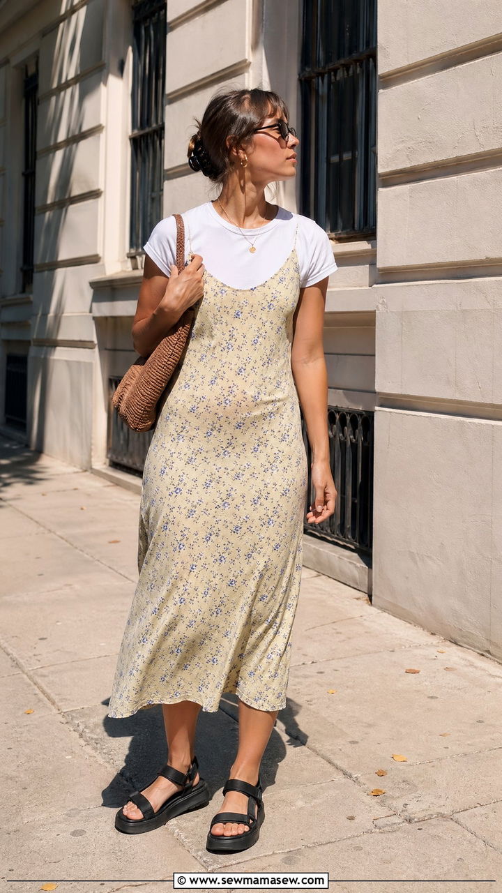 1990s Slip Dress With Chunky Sandals - 40 Vintage summer outfits