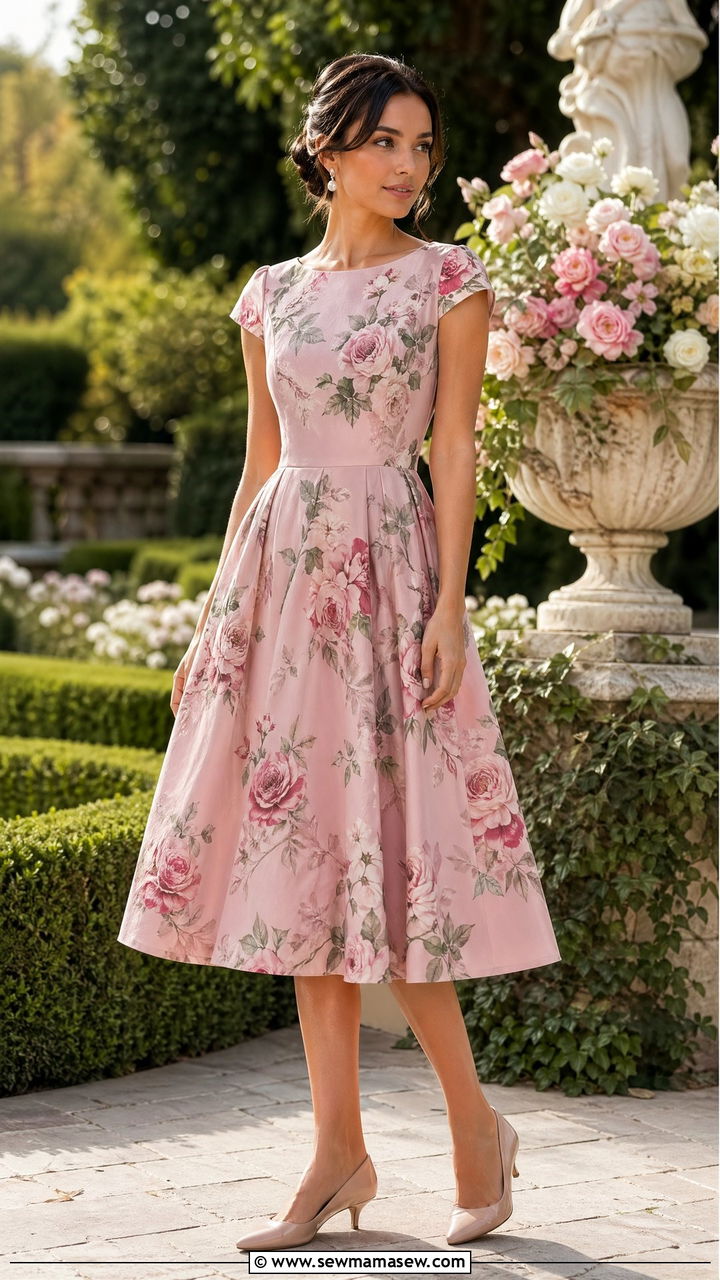 60s Floral Midi Dress With Kitten Heels - 35 Vintage 60s outfit ideas