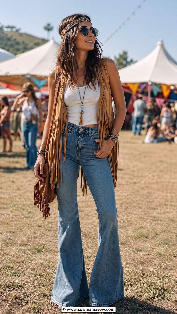 60s Fringe Suede Vest With Flared Jeans - 35 Vintage 60s outfit ideas