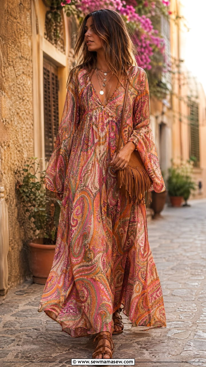 60s Hippie Maxi Dress With Sandals - 35 Vintage 60s outfit ideas