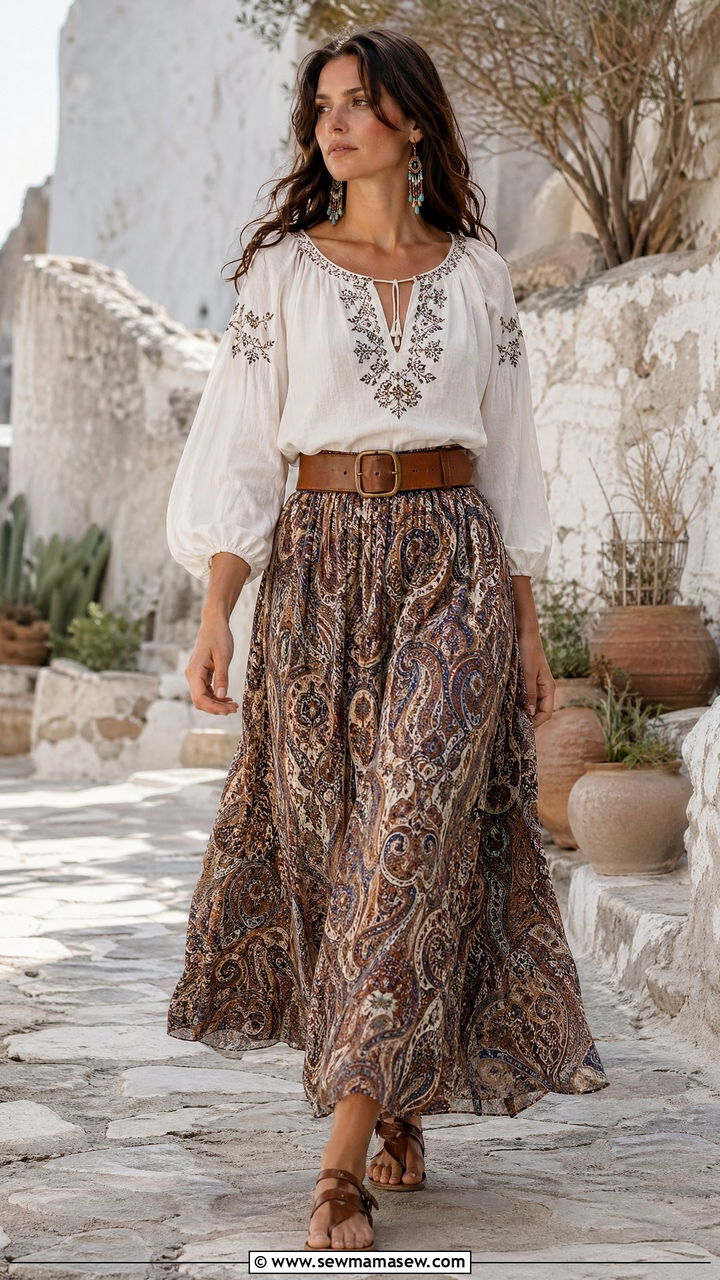 60s Peasant Blouse With Maxi Skirt - 35 Vintage 60s outfit ideas
