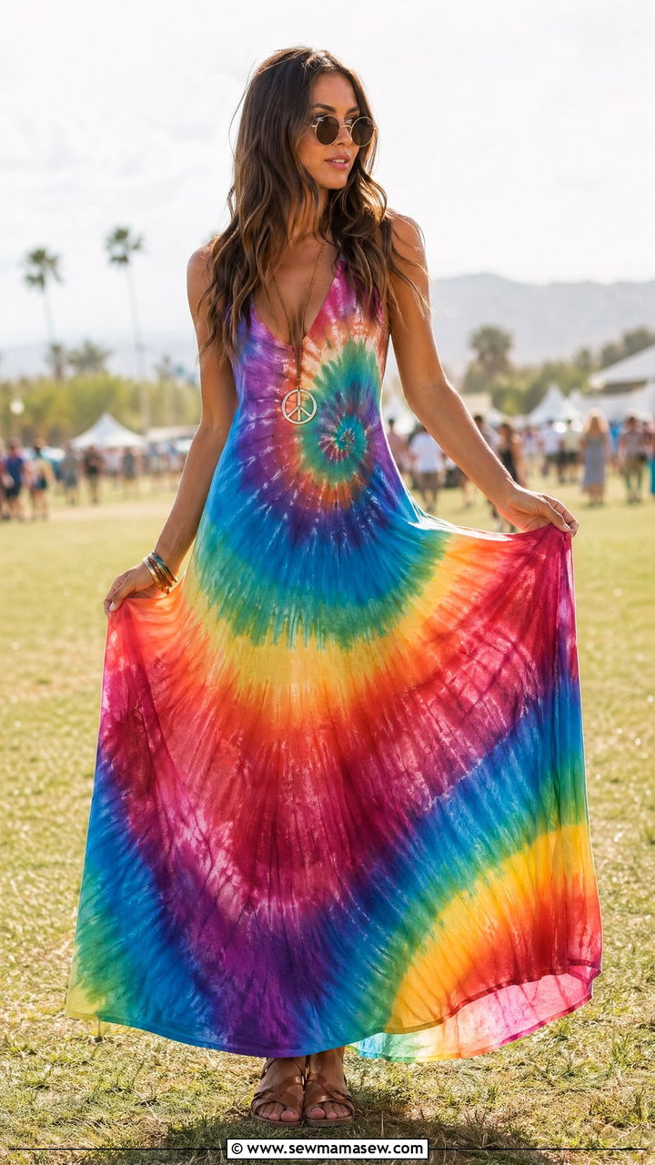 60s Tie Dye Maxi Dress Outfit - 35 Vintage 60s outfit ideas