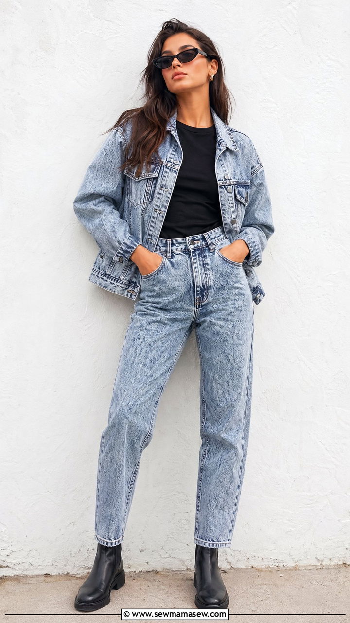 90s Acid Wash Denim Outfit With Black Boots - 40 90s outfits