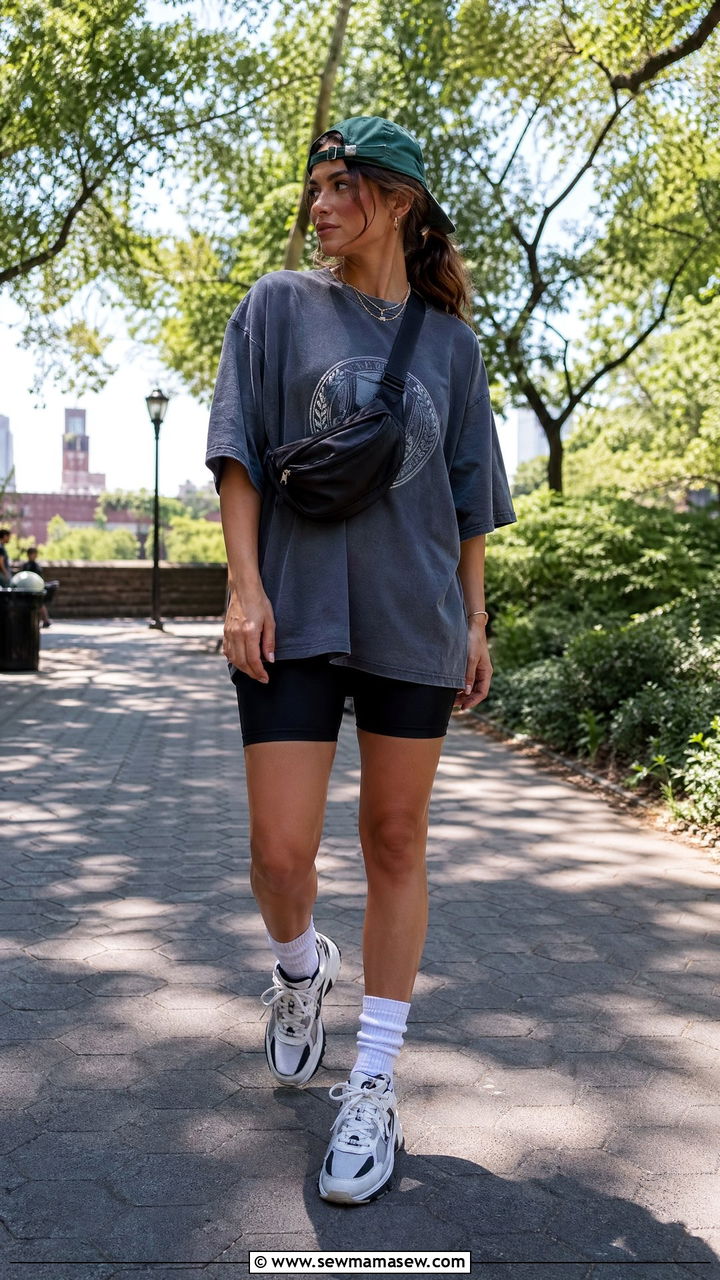 90s Bike Shorts Outfit With Oversized Tee - 40 90s outfits