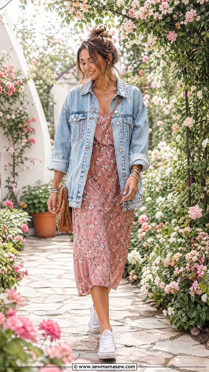 90s Denim Jacket Outfit With Floral Dress - 40 90s outfits