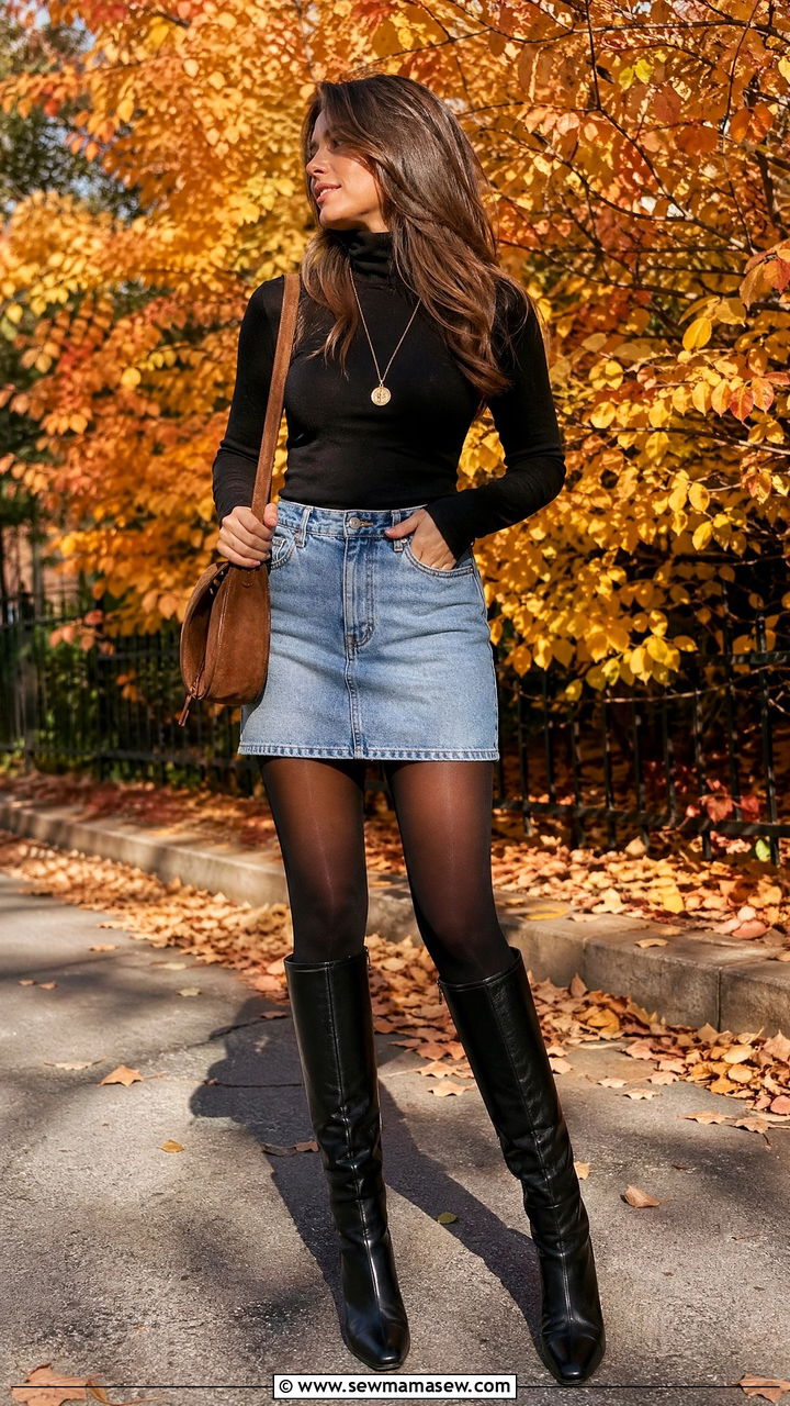 90s Denim Mini Skirt Outfit With Knee Boots - 40 90s outfits