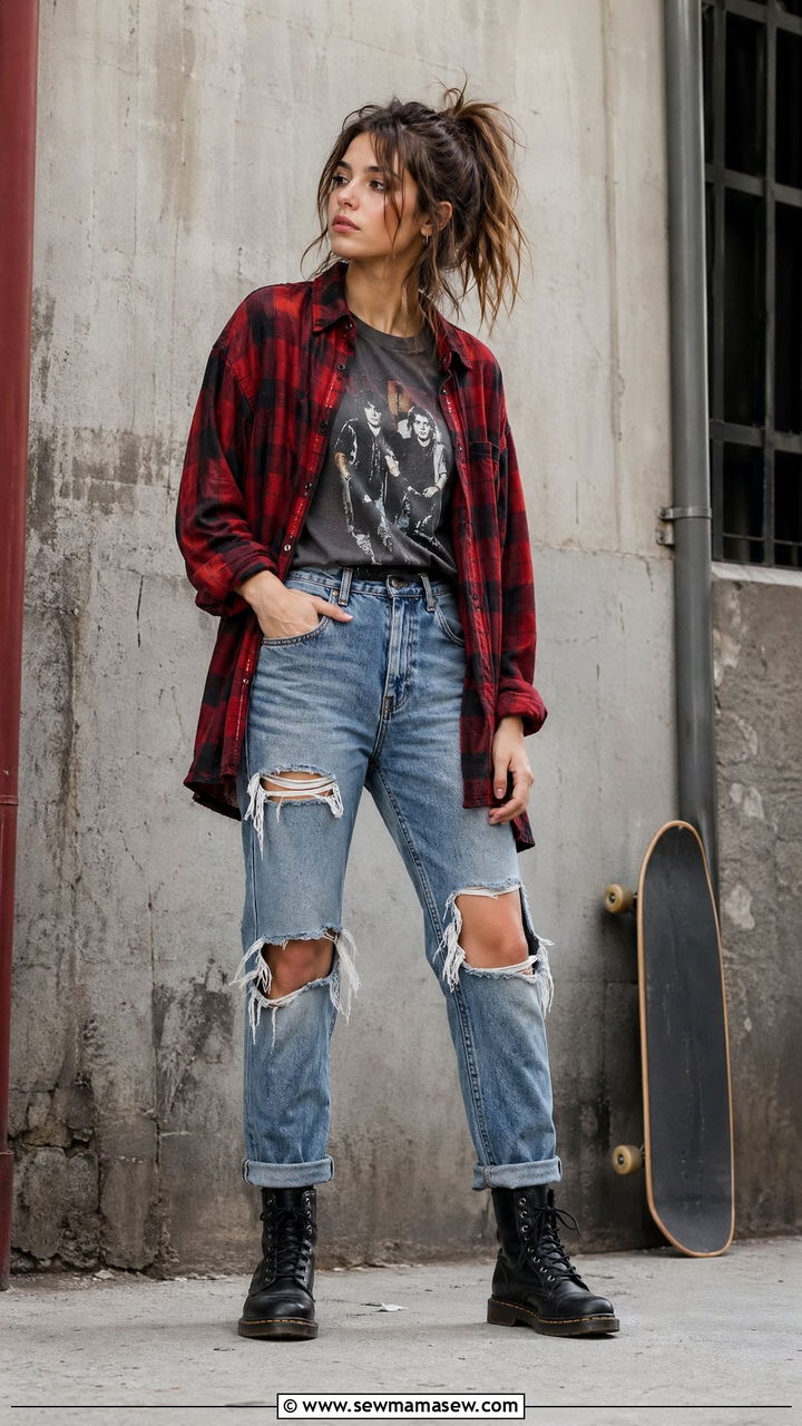 90s Flannel Outfit With Ripped Jeans - 40 90s outfits