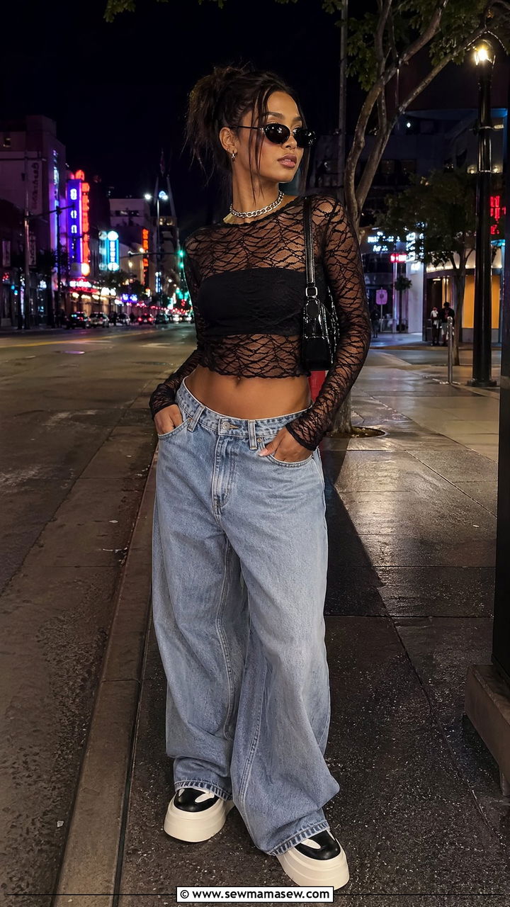 90s Mesh Top Outfit With Baggy Jeans - 40 90s outfits