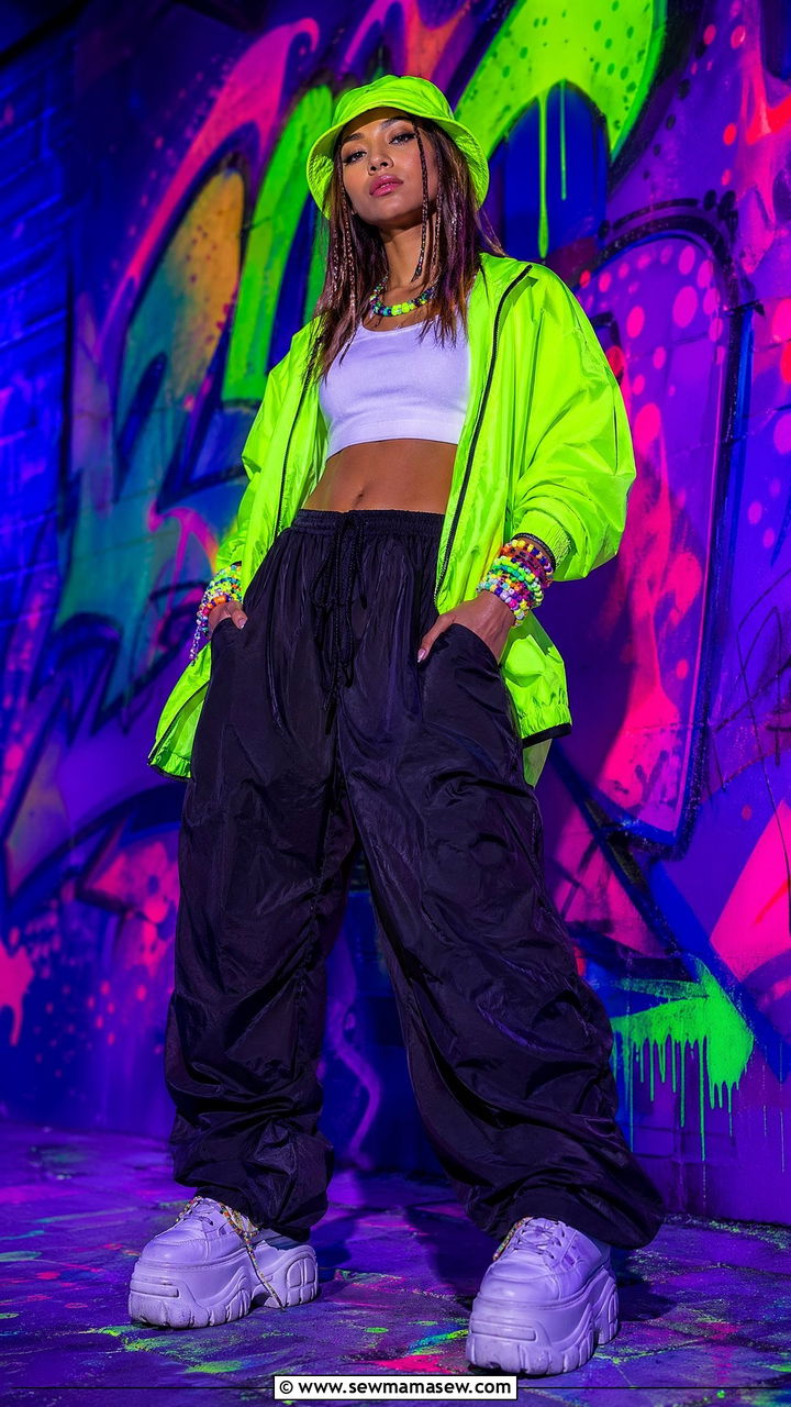 90s Neon Windbreaker Outfit With Parachute Pants - 40 90s outfits