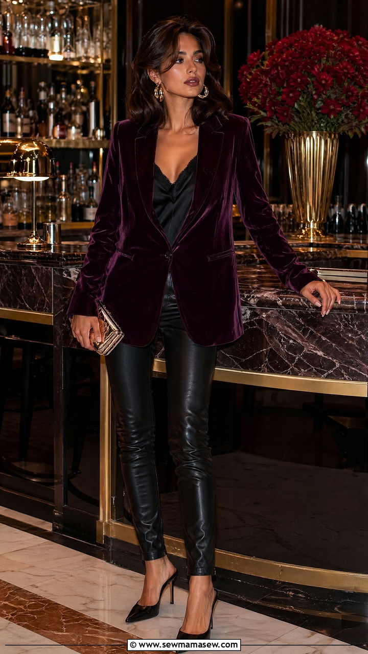 90s Velvet Blazer Outfit With Leather Pants - 40 90s outfits