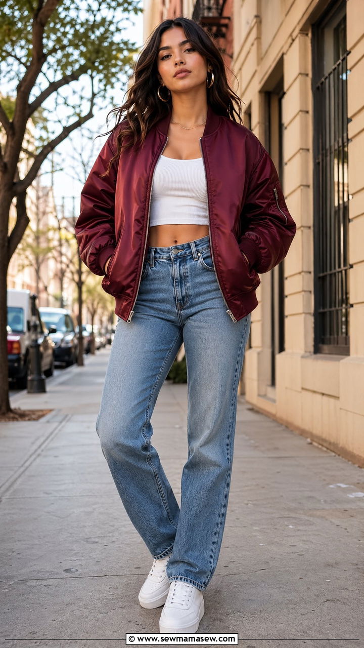 90s bomber jacket outfit with crop top - 40 90s outfit ideas