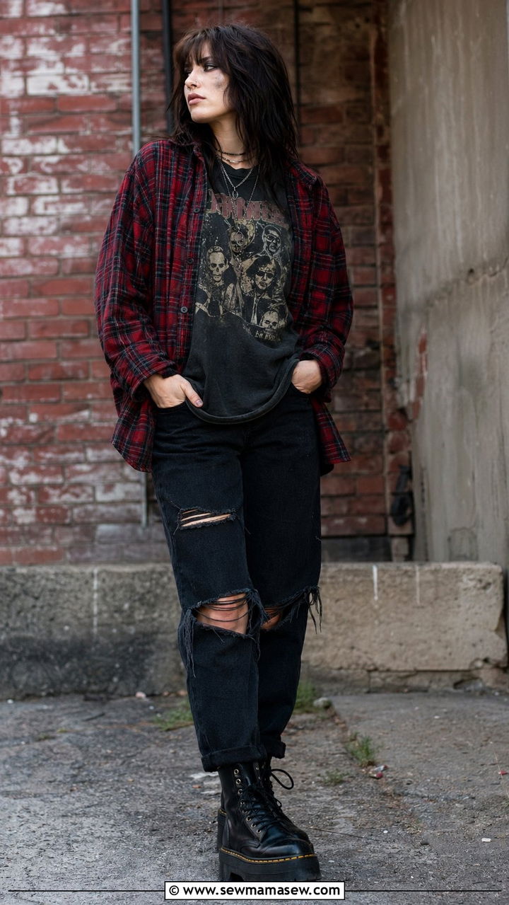 90s grunge flannel shirt band tee and ripped jeans outfit - 35 Pinterest outfits