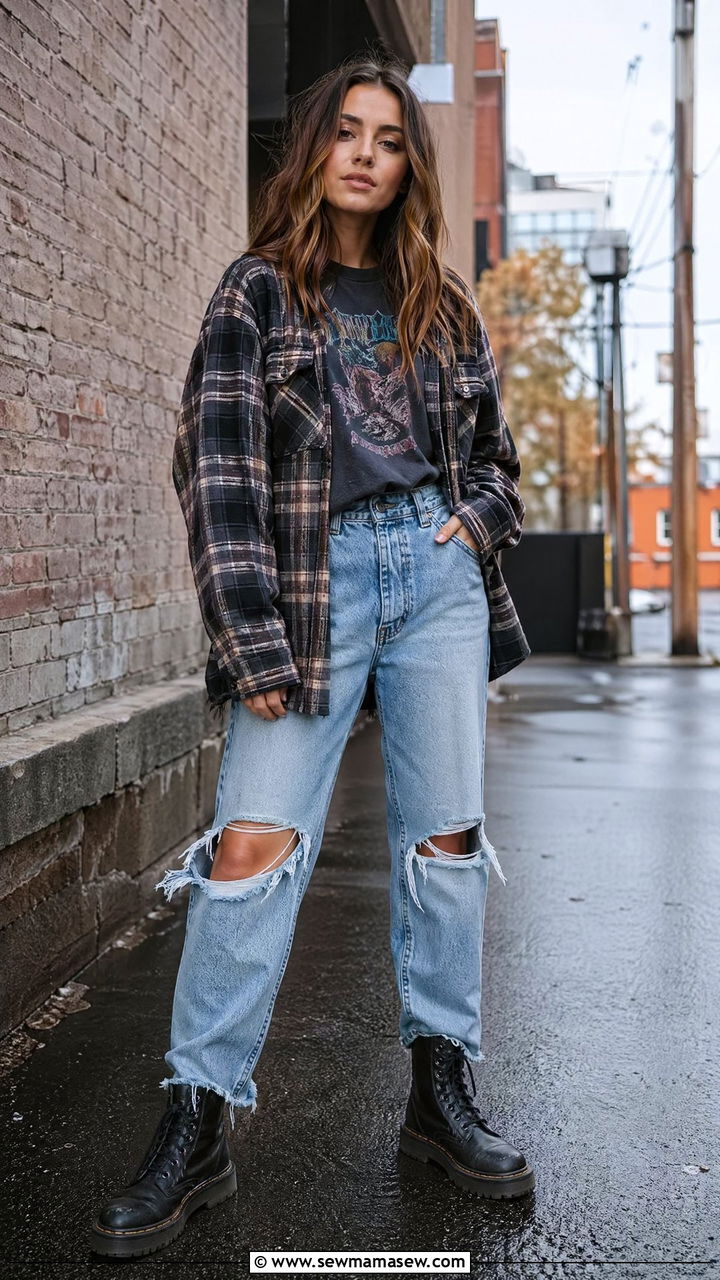 90s grunge outfit with flannel and combat boots - 40 90s outfit ideas