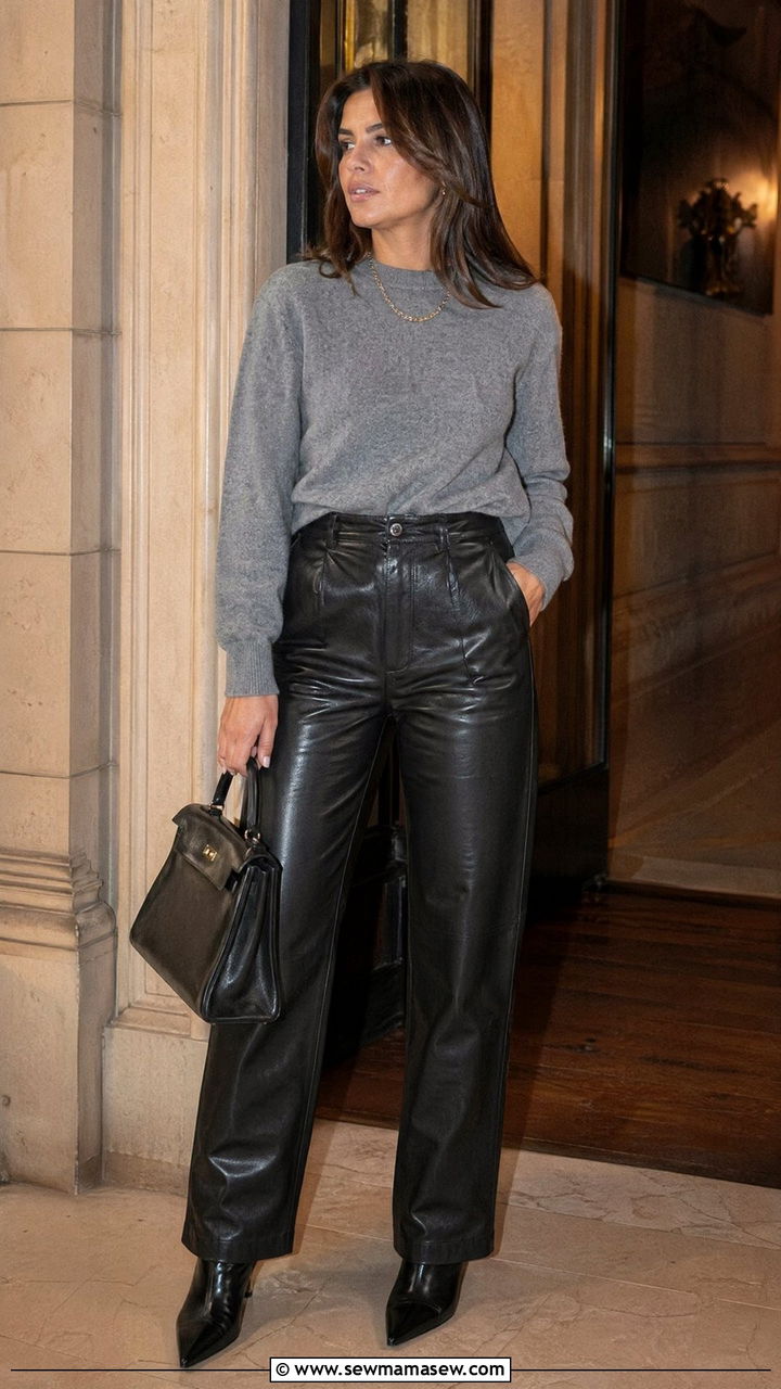 90s leather pants outfit with cashmere sweater - 40 90s outfit ideas