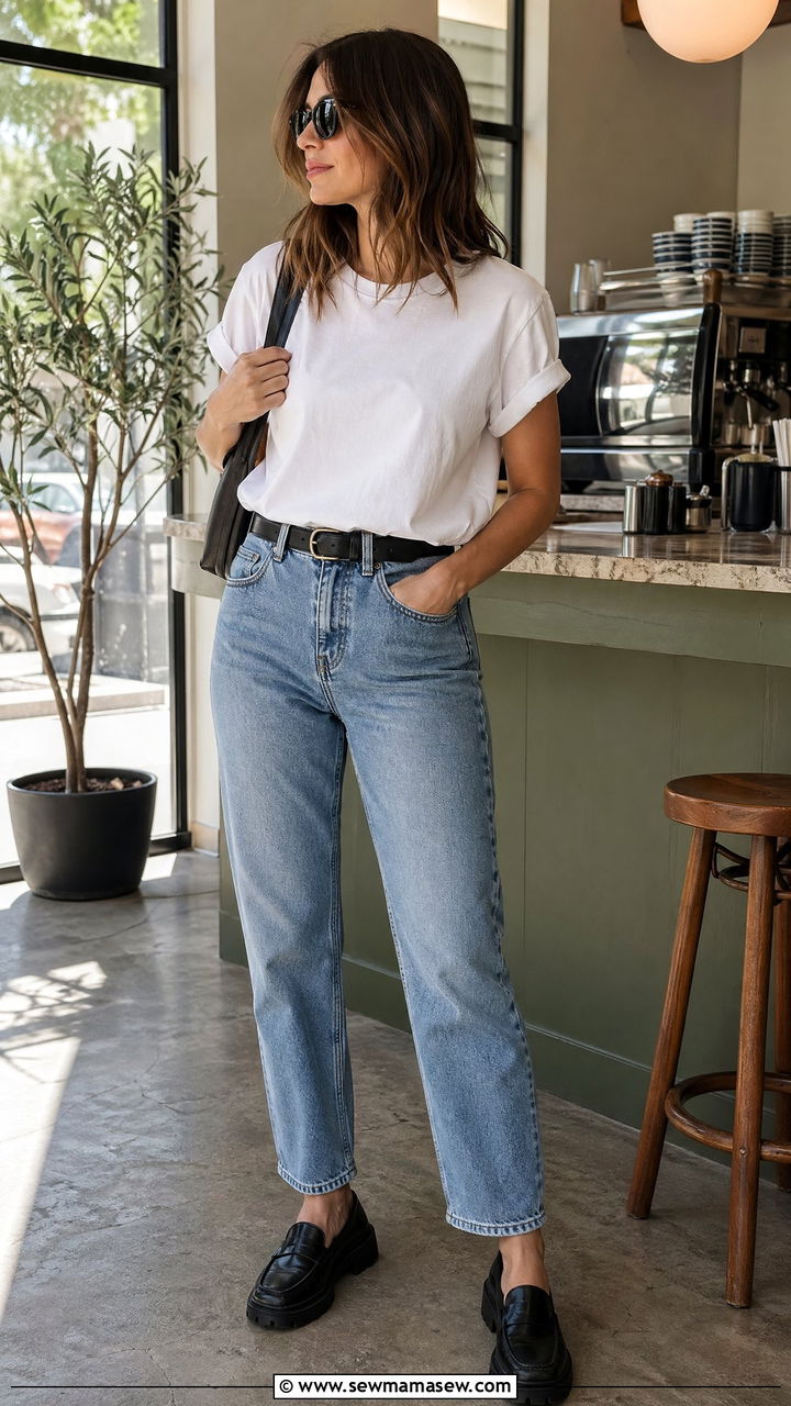90s mom jeans outfit with white tee - 40 90s outfit ideas
