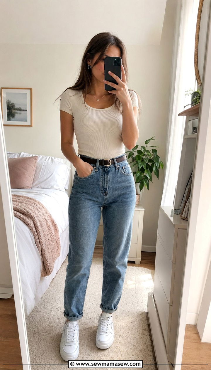 90s mom jeans with fitted ribbed top - 35 Outfit ideas for teens