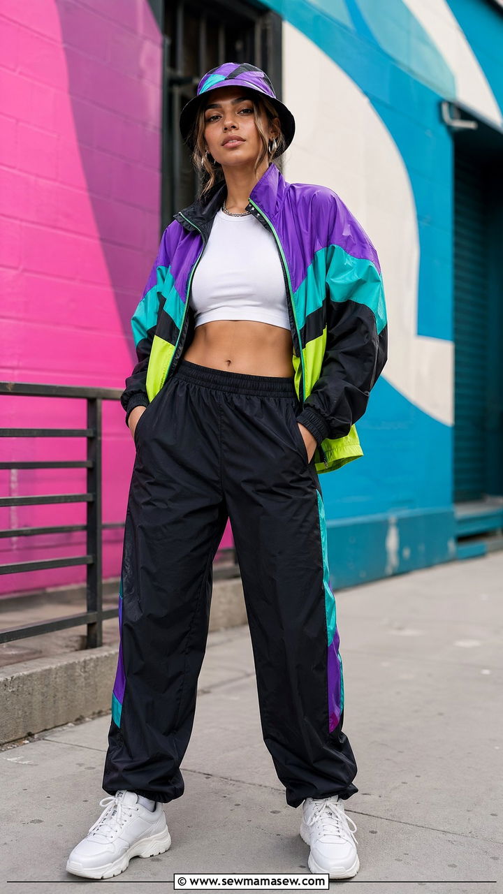 90s windbreaker outfit with track pants - 40 90s outfit ideas