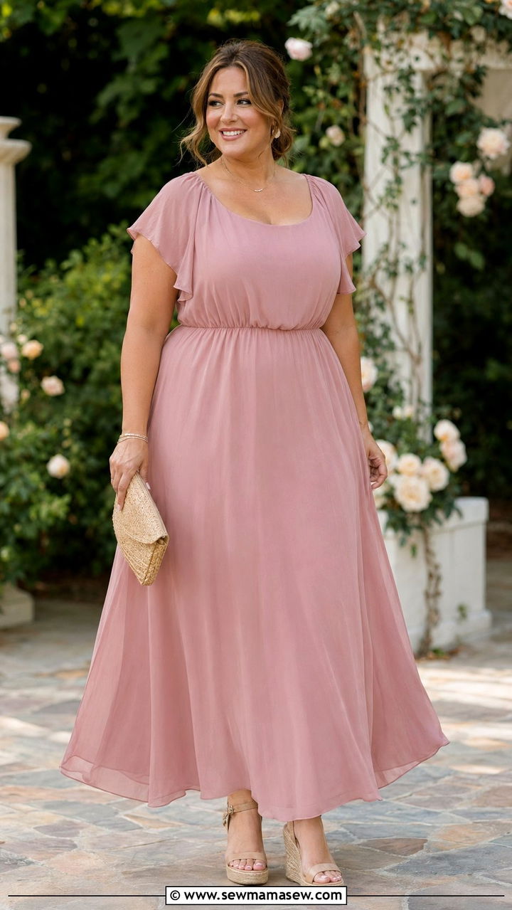 A Line Chiffon Maxi Dress With Wedge Sandals - 30 wedding guest outfits for apple shaped body