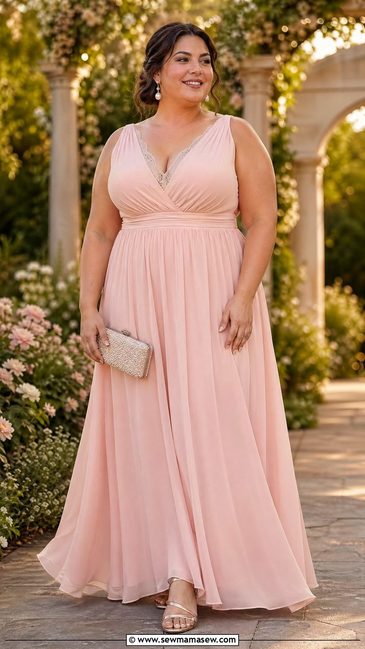A Line Chiffon Maxi Dress with Strappy Heels - 35 classy outfits for plus size women