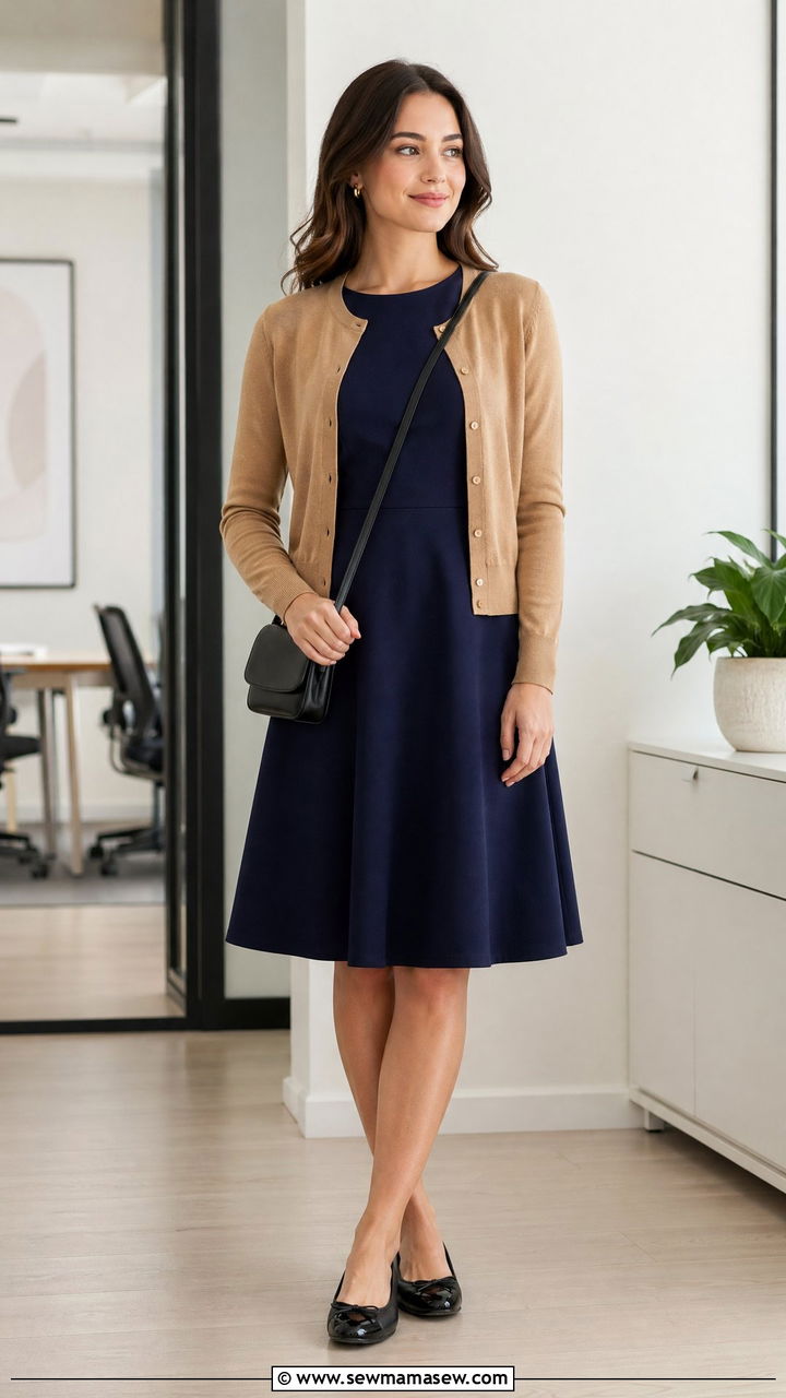 A Line Dress Outfit With Ballet Flats And Cardigan - 35 classy dress outfits