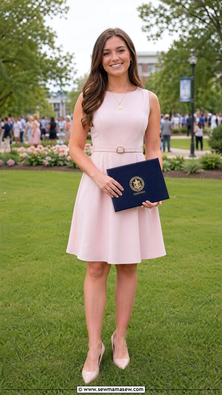 A Line Dress With Belt and Kitten Heels - 35 College graduation outfit ideas