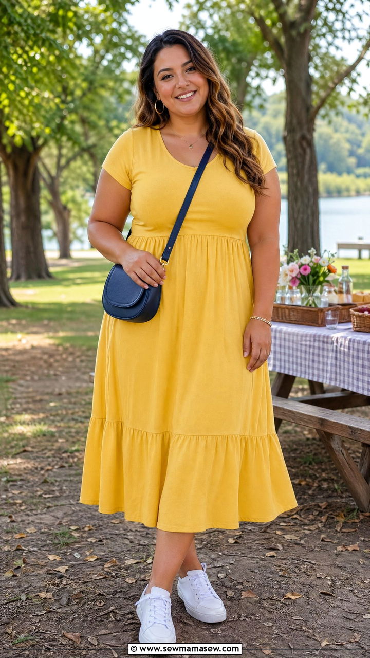 A Line Dress with White Sneakers and Crossbody Bag - 35 casual outfits for curvy women