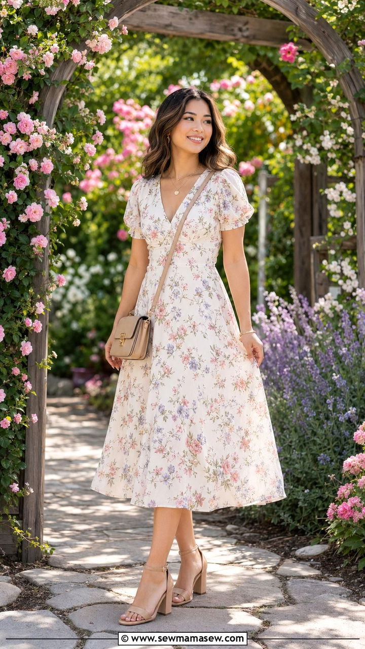 A Line Floral Midi Dress With Block Heels - 35 Petite outfit ideas for wedding guest