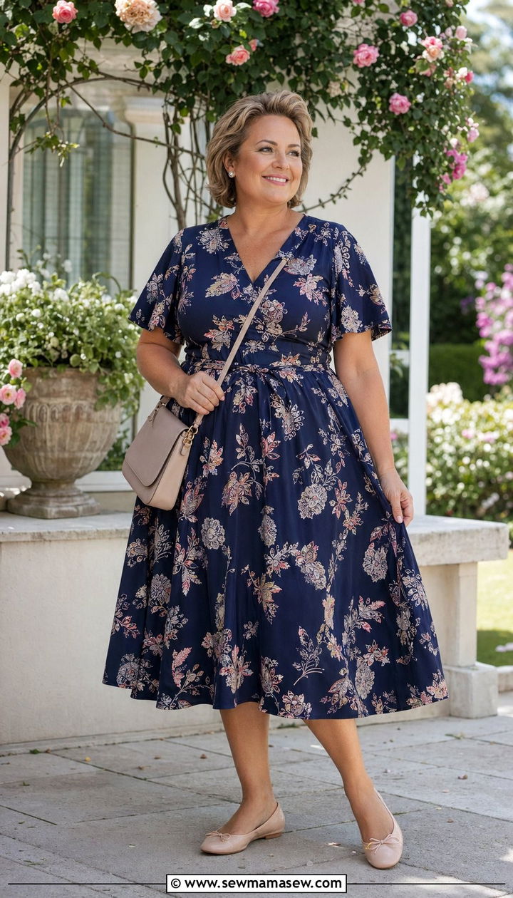 A Line Midi Dress With Ballet Flats - 35 Plus size outfit ideas for women over 40