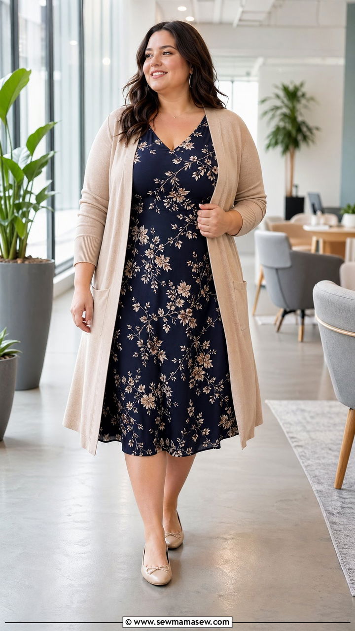 A Line Midi Dress With Cardigan Outfit - 35 work outfits for plus size women