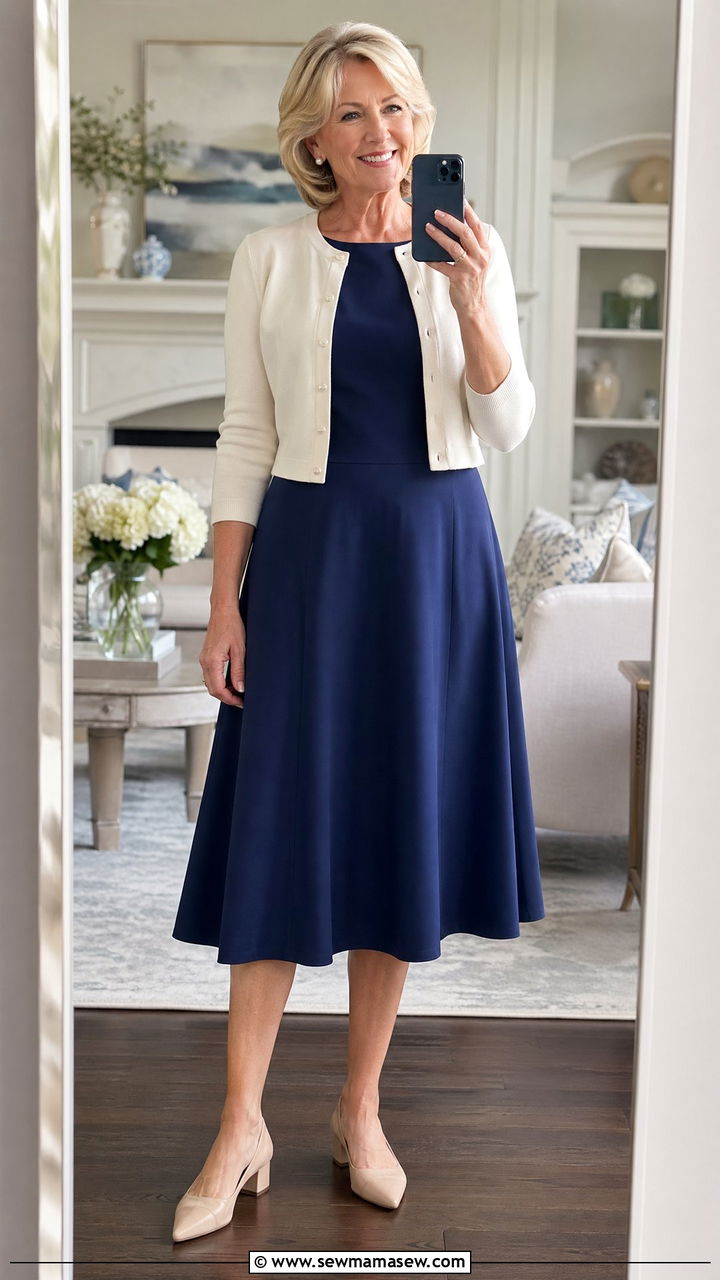 A Line Midi Dress With Cropped Cardigan And Pearl Earrings - 35 Classy outfits for women over 50