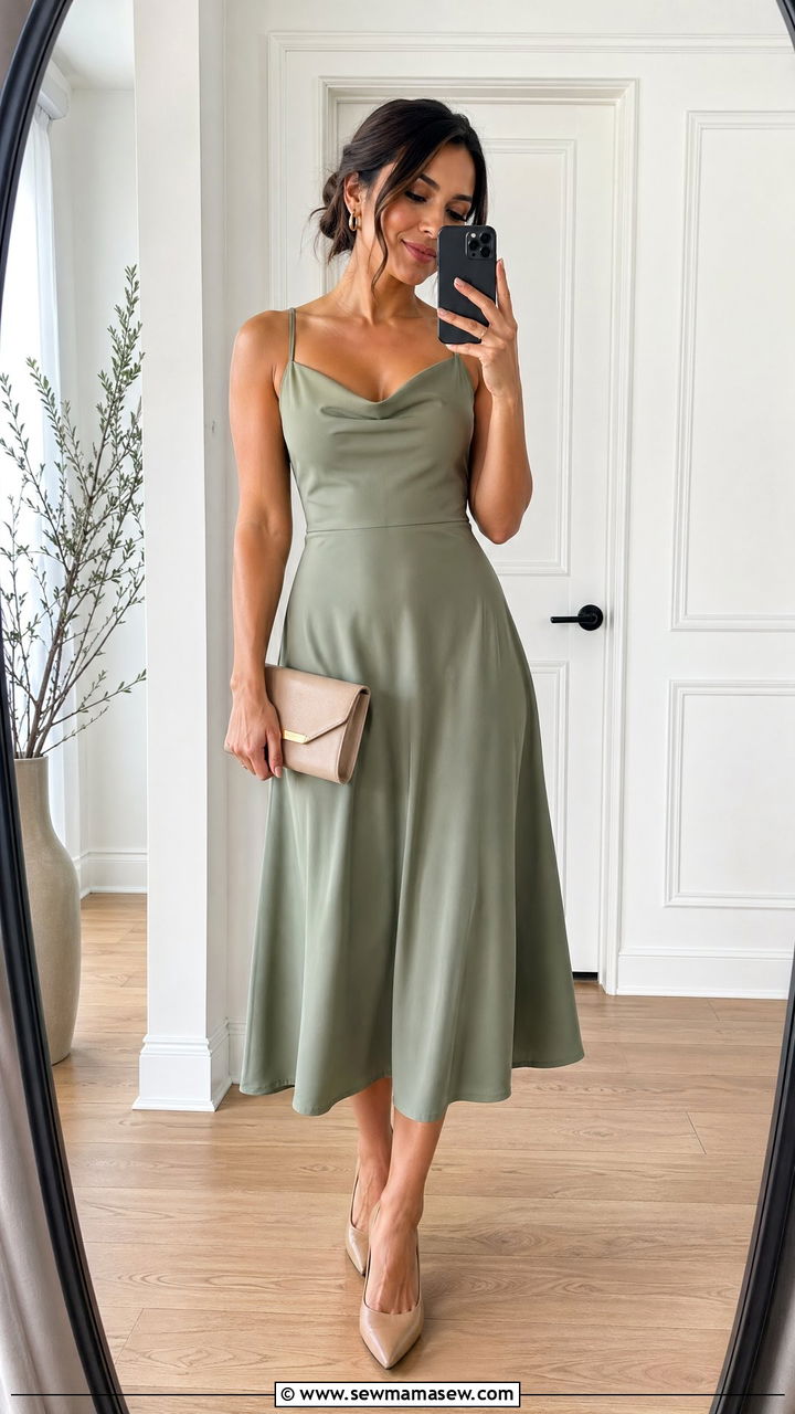 A Line Midi Dress With Nude Heels Petite Wedding Guest Outfit - 35 Wedding guest outfits for petite women
