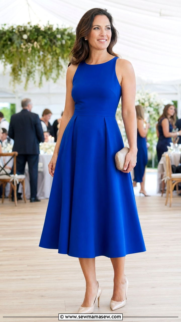 A Line Midi Dress With Pointed Toe Pumps - 30 wedding guest outfits for women over 30