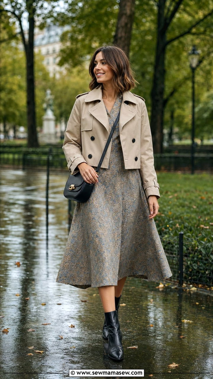 A Line Midi Dress with Ankle Boots - 30 Wedding guest outfits for rainy weather