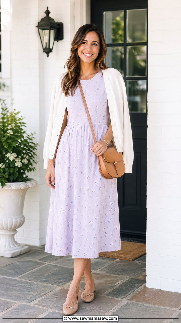 A Line Midi Dress with Cardigan Outfit - 35 spring dress outfit ideas