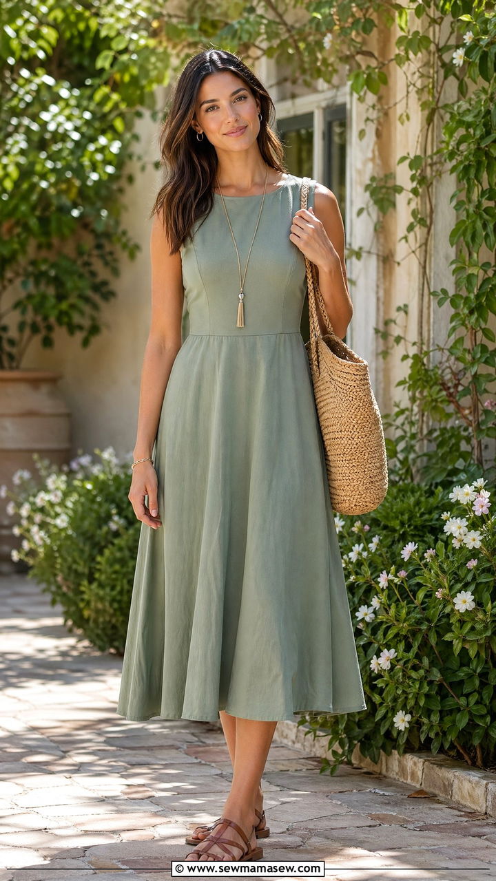 A Line Midi Dress with Flat Sandals - 35 summer interview outfit ideas