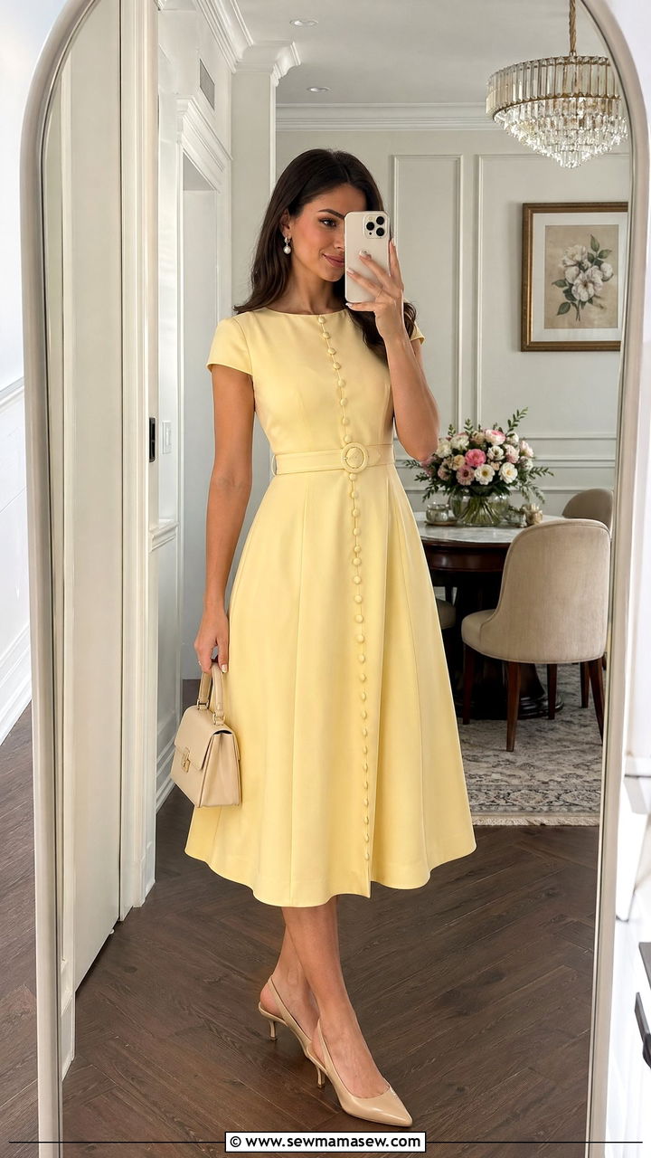 A Line Midi Dress with Kitten Heels - 35 spring mother's day outfit ideas