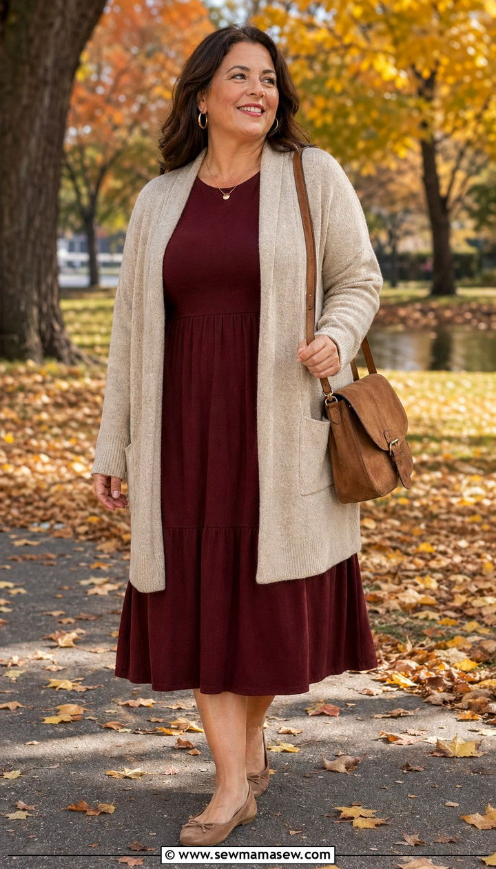 A Line Midi Dress with Open Front Cardigan - 35 Plus size outfits for women over 40