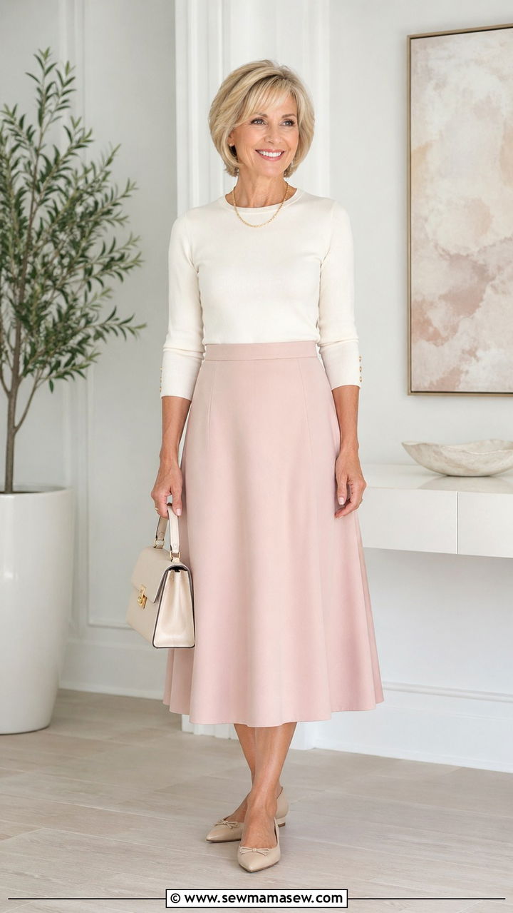 A Line Midi Skirt With Fitted Knit Top Spring Outfit Over 50 - 30 Spring capsule wardrobe over 50