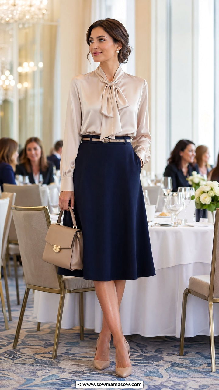 A Line Midi Skirt With Tucked Silk Blouse - 35 Work conference outfit ideas