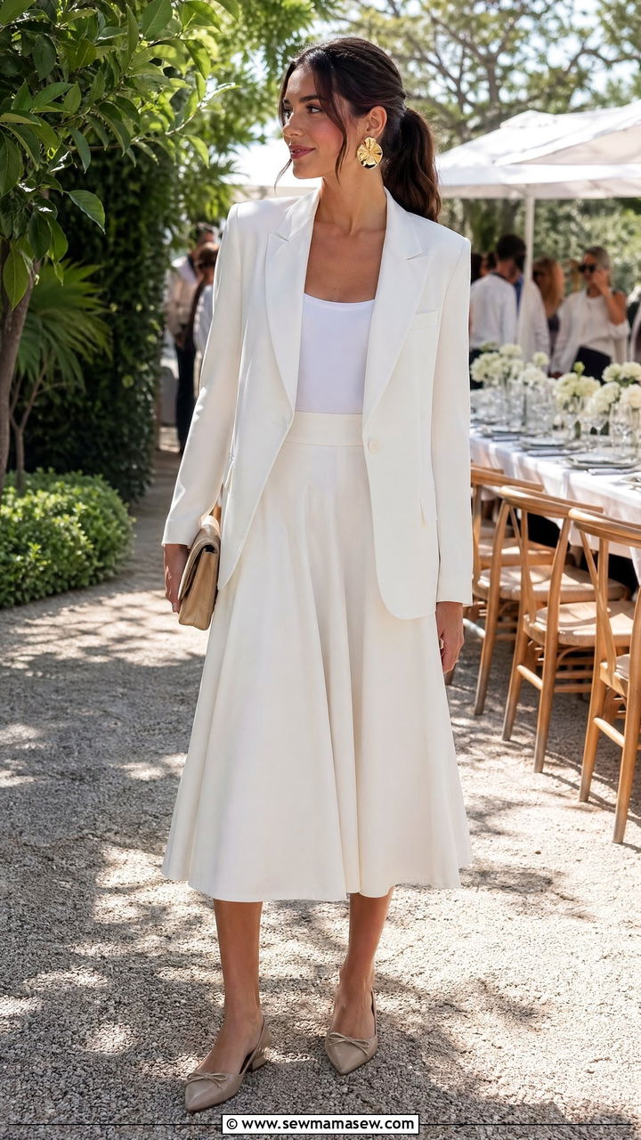 A Line Midi Skirt With a Structured Blazer - 35 Spring outfits in white