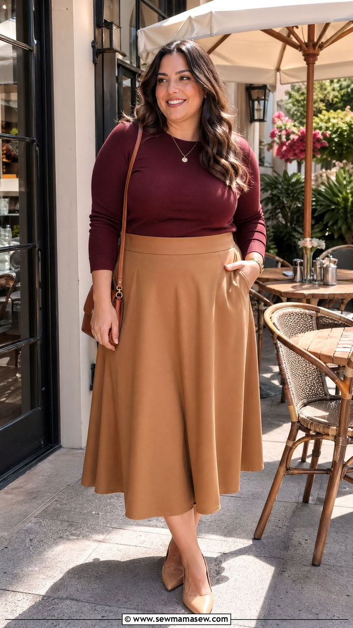 A Line Midi Skirt with Tucked In Knit - 35 classy outfits for plus size women