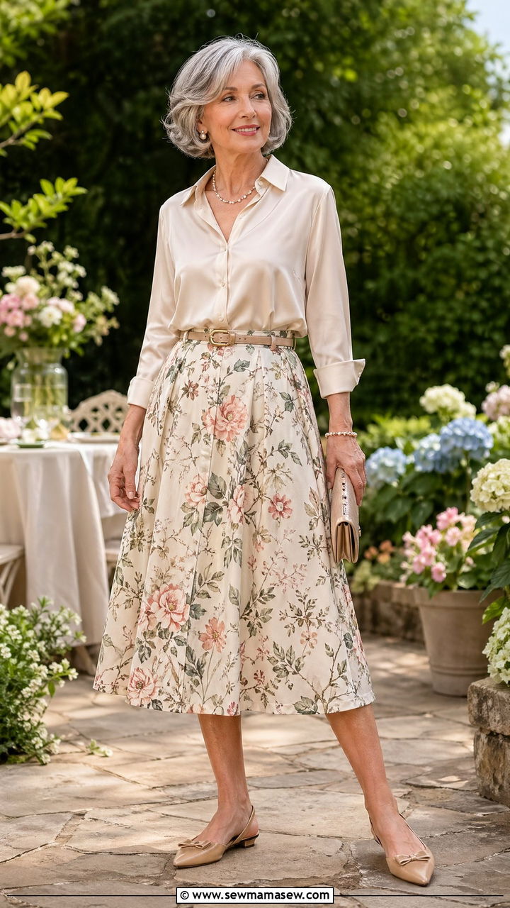A Line Midi Skirt with a Silk Blend Blouse - 35 Casual outfits for women over 60
