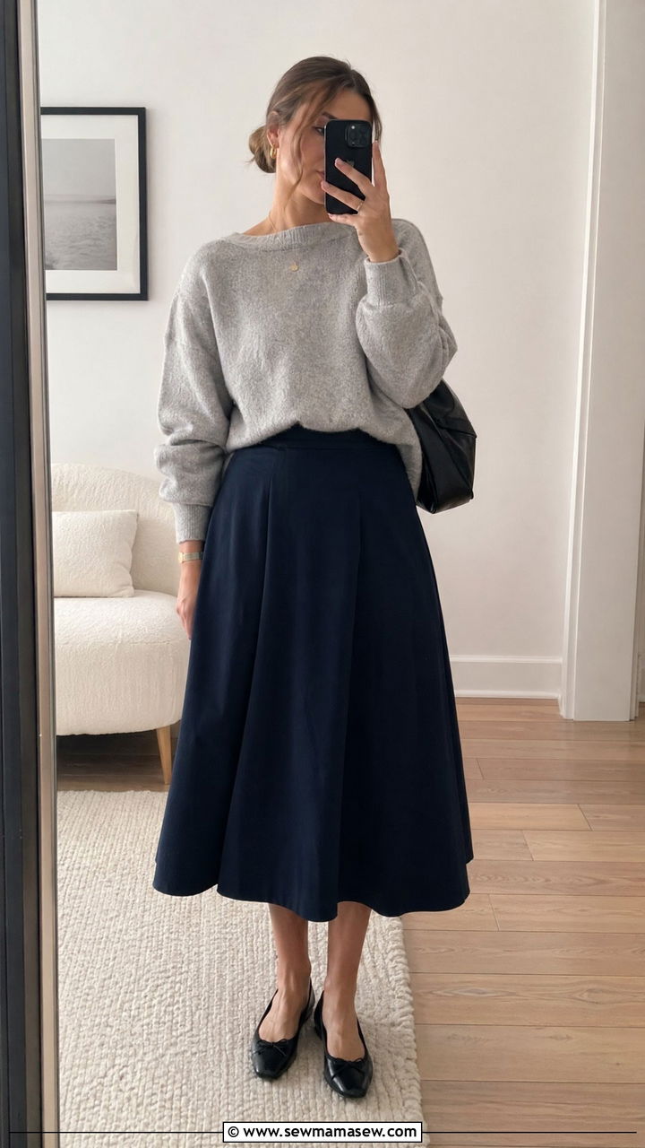 A Line Skirt With Cozy Sweater And Ballet Flats - 35 Counselor outfit ideas